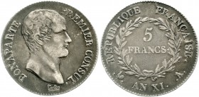 Ausländische Münzen und Medaillen, Frankreich, Konsulat unter Napoleon Bonaparte, 1799-1804
5 Francs AN XI A (1803), Paris
fast sehr schön, schöne P...