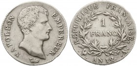 Ausländische Münzen und Medaillen, Frankreich, Napoleon I., 1804-1814, 1815
1 Franc An 12 A = 1804, Paris. fast sehr schön