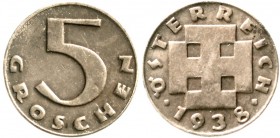 Römisch Deutsches Reich, Österreich, Erste Republik, 1918-1938
5 Groschen 1938. sehr schön, kl. Fleck, sehr selten