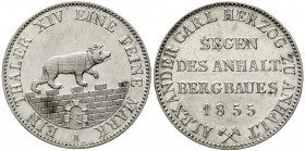 Altdeutsche Münzen und Medaillen, Anhalt-Bernburg, Alexander Carl, 1834-1863
Ausbeutetaler 1855 A. vorzüglich, kl. Kratzer