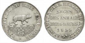 Altdeutsche Münzen und Medaillen, Anhalt-Bernburg, Alexander Carl, 1834-1863
Ausbeutetaler 1855 A. gutes sehr schön, Randfehler