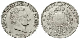 Altdeutsche Münzen und Medaillen, Baden-Durlach, Ludwig, 1818-1830
Taler zu 100 Kreuzern 1829. sehr schön, kl. Randfehler und min. Belag