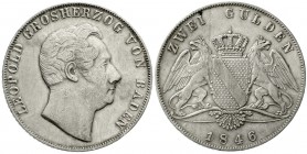 Altdeutsche Münzen und Medaillen, Baden-Durlach, Leopold, 1830-1852
Doppelgulden 1846. sehr schön, berieben