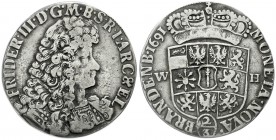 Altdeutsche Münzen und Medaillen, Brandenburg/Preußen, Friedrich III., 1688-1701
2/3 Taler 1691 WH, Emmerich. fast sehr schön