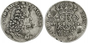 Altdeutsche Münzen und Medaillen, Brandenburg/Preußen, Friedrich I., 1701-1713
2/3 Taler 1702 HF-H, Magdeburg. fast sehr schön, Schrötlingsfehler am ...