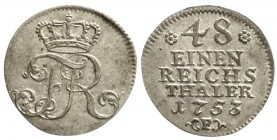 Altdeutsche Münzen und Medaillen, Brandenburg/Preußen, Friedrich II., 1740-1786
1/48 Taler 1753 F, Magdeburg. fast Stempelglanz