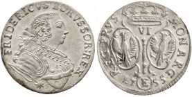 Altdeutsche Münzen und Medaillen, Brandenburg/Preußen, Friedrich II., 1740-1786
Sechsgröscher 1755 E, Königsberg.
vorzüglich/Stempelglanz, selten i....