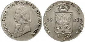 Altdeutsche Münzen und Medaillen, Brandenburg/Preußen, Friedrich Wilhelm III., 1797-1840
4 Groschen = 1/6 Taler 1805 A. fast Stempelglanz, Prachtexem...