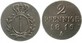 Altdeutsche Münzen und Medaillen, Brandenburg/Preußen, Friedrich Wilhelm III., 1797-1840
2 Pfennige 1816 A. vorzüglich