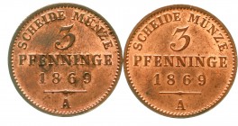 Altdeutsche Münzen und Medaillen, Brandenburg/Preußen, Wilhelm I., 1861-1888
2 X 3 Pfennig 1869 A. fast Stempelglanz, minimal fleckig