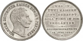 Altdeutsche Münzen und Medaillen, Brandenburg/Preußen, Wilhelm II., 1888-1918
Silbermedaille 1888 auf seinen Regierungsantritt. 28 mm; 11,57 g.
vorz...