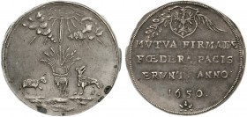 Altdeutsche Münzen und Medaillen, Frankfurt-Stadt
1/4 Taler 1650 auf den Westfälischen Frieden. Korngarbe zwischen Wolf und Lamm/4 Zeilen Schrift unt...