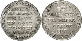 Altdeutsche Münzen und Medaillen, Frankfurt-Stadt
Silberabschlag v. Doppeldukaten 1817 z. 300. Jahrestag der Reformation. 25 mm, 4,75 g.
vorzüglich/...