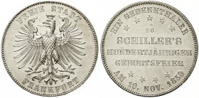 Altdeutsche Münzen und Medaillen, Frankfurt-Stadt
Vereinstaler 1859. Schillers 100 J. Geburtstag.
fast Stempelglanz aus EA, feine Kratzer