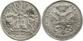 Altdeutsche Münzen und Medaillen, Hamburg-Stadt
32 Schilling (2 Mark) 1762 OHK. Mit Titel Franz I. Münzmeister Otto Heinrich Knorre.
sehr schön