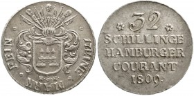 Altdeutsche Münzen und Medaillen, Hamburg-Stadt
32 Schilling 1809, HSK.
vorzüglich, schöne Patina, kl. Randfehler