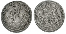 Altdeutsche Münzen und Medaillen, Hohenlohe-Neuenstein-Öhringen, Johann Friedrich I. 1641-1702
Taler 1696, Augsburg. vorzüglich, minimal justiert, sc...