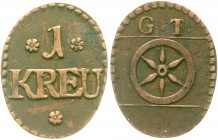 Altdeutsche Münzen und Medaillen, Mainz-Stadt
Ovale Cu-Tormarke zu 1 Kreuzer o.J. Gautor. 26,2 X 20,6 mm.
sehr schön