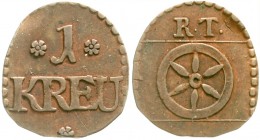 Altdeutsche Münzen und Medaillen, Mainz-Stadt
Ovale Cu-Tormarke zu 1 Kreuzer o.J. Raimunditor.
sehr schön
