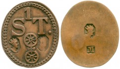 Altdeutsche Münzen und Medaillen, Mainz-Stadt
Ovale Cu-Holzmarke zu 1 ST (Mainzer Stecken) o.J. Gegenstempel: 2 X Kopf der Moguntia mit Mauerkrone / ...
