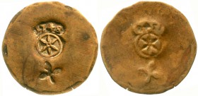 Altdeutsche Münzen und Medaillen, Mainz-Stadt
Eins. runde Messingmarke 1748. Jahreszahl gebogen über Rad, darunter Dreiblatt. 24 mm.
sehr schön, sel...