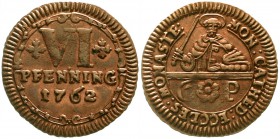 Altdeutsche Münzen und Medaillen, Münster-Domkapitel
6 Pfennig 1762. fast vorzüglich, Prägeschwäche