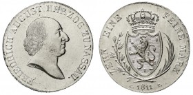 Altdeutsche Münzen und Medaillen, Nassau, Friedrich August, 1803-1816
Konventionstaler 1811 CT, Ehrenbreitstein. fast Stempelglanz, Prachtexemplar