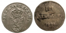 Altdeutsche Münzen und Medaillen, Nassau, Friedrich August und Friedrich Wilhelm, 1808-1816
3 Kreuzer 1809. Var. SCH.M./KREUZER. (mit Punkt).
fast s...