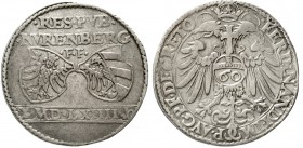 Altdeutsche Münzen und Medaillen, Nürnberg-Stadt
Reichsguldiner 1564. Reichsadler, Reichsapfel mit 60 / 2 Wappen über eingefasster Jahreszahl. Titel ...