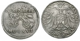 Altdeutsche Münzen und Medaillen, Nürnberg-Stadt
Reichsguldiner 1567. Reichsadler, Reichsapfel mit 60 / 2 Wappen über freistehender Jahreszahl. Titel...