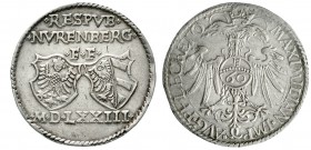 Altdeutsche Münzen und Medaillen, Nürnberg-Stadt
Reichsguldiner 1573. Reichsadler, Reichsapfel mit 60 / 2 Wappen über freistehender Jahreszahl. Titel...