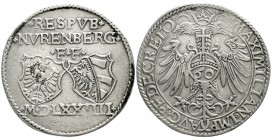 Altdeutsche Münzen und Medaillen, Nürnberg-Stadt
Reichsguldiner 1574. Reichsadler, Reichsapfel mit 60 / 2 Wappen über freistehender Jahreszahl. Titel...