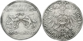 Altdeutsche Münzen und Medaillen, Nürnberg-Stadt
Reichsguldiner 1576. Reichsadler, Reichsapfel mit 60 / 2 Wappen über freistehender Jahreszahl. Titel...