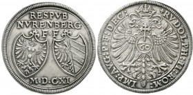 Altdeutsche Münzen und Medaillen, Nürnberg-Stadt
Reichsguldiner 1611. Reichsadler, Reichsapfel mit 60 / 2 Wappen über freistehender Jahreszahl. Titel...
