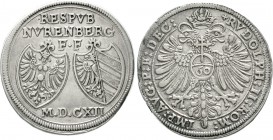 Altdeutsche Münzen und Medaillen, Nürnberg-Stadt
Reichsguldiner 1612. Reichsadler, Reichsapfel mit 60 / 2 Wappen über freistehender Jahreszahl. Titel...
