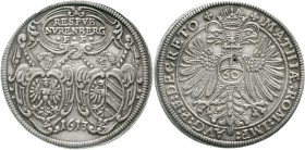 Altdeutsche Münzen und Medaillen, Nürnberg-Stadt
Reichsguldiner 1613. Ohne Mmz. Reichsadler, Reichsapfel mit 60 / An Schriftkartusche hängende Wappen...