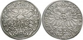 Altdeutsche Münzen und Medaillen, Nürnberg-Stadt
1/2 Reichsguldiner 1615. Ohne Mmz. Reichsadler, Reichsapfel mit 30 / An Schriftkartusche hängende Wa...