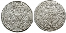Altdeutsche Münzen und Medaillen, Nürnberg-Stadt
1/2 Reichsguldiner 1621, Ohne Mmz. Reichsadler, Reichsapfel mit 30 / An Schriftkartusche hängende Wa...