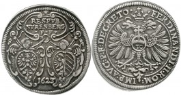 Altdeutsche Münzen und Medaillen, Nürnberg-Stadt
1/2 Reichsguldiner 1623, Mmz. Stern. Reichsadler, Reichsapfel mit 30 / An Schriftkartusche hängende ...