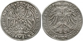 Altdeutsche Münzen und Medaillen, Nürnberg-Stadt
1/6 Taler 1623. Mmz. Stern. Reichsadler, Wertzahlschild auf der Brust / 3 Wappen in Kartuschen. Tite...