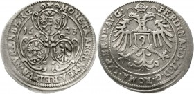 Altdeutsche Münzen und Medaillen, Nürnberg-Stadt
1/9 Taler 1623. Mmz. Stern. Reichsadler, Wertzahlschild auf der Brust / 3 Wappen in Kartuschen. Tite...