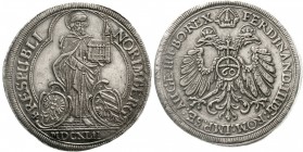 Altdeutsche Münzen und Medaillen, Nürnberg-Stadt
Reichsguldiner 1642. Reichsadler, Wertzahl 60 / Hl. Sebaldus mit Kirchenmodell steht zwischen zwei W...