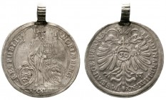 Altdeutsche Münzen und Medaillen, Nürnberg-Stadt
1/2 Reichsguldiner 1643. Mmz. Kreuz. Reichsadler, Wertzahl 30 / Hl. Sebaldus mit Kirchenmodell steht...