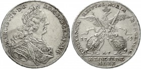 Altdeutsche Münzen und Medaillen, Nürnberg-Stadt
Konventionstaler 1759 MF, L am Armabschnitt. Belorb. Brb. Franz I. im Harnisch n.r. / Adler über zwe...