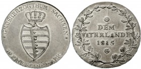 Altdeutsche Münzen und Medaillen, Sachsen-Weimar-Eisenach, Carl August, 1775-1828
Konventionstaler 1815. 'Dem Vaterlande'. Laubrand.
vorzüglich/Stem...