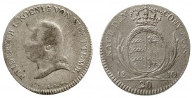 Altdeutsche Münzen und Medaillen, Württemberg, Friedrich I., 1806-1816
20 Kreuzer 1810 ILW. Großer Schild, Punkt nach FUSS.
fast sehr schön, Kratzer...