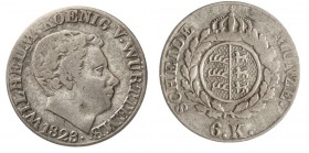 Altdeutsche Münzen und Medaillen, Württemberg, Wilhelm I., 1816-1864
6 Kreuzer 1823. Breiter Kopf.
fast sehr schön, sehr selten