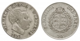 Altdeutsche Münzen und Medaillen, Württemberg, Wilhelm I., 1816-1864
20 Kreuzer 1823. fast sehr schön, kl. Randfehler