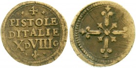 Waagen und Gewichte, Münzwaagen und Münzgewichte, Italien
Goldmünzengewicht zu 4 Pistolen o.J.(18. Jh.). Messing, 22 mm, 12,95 g. Pom. II, 1100 var....