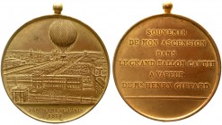 Medaillen, Luftfahrt und Raumfahrt
Tragb., vergoldete Bronzemedaille 1878 von Trotin. Erinnerungsmedaille an eine Ballonfahrt. Panorama von Paris, da...
